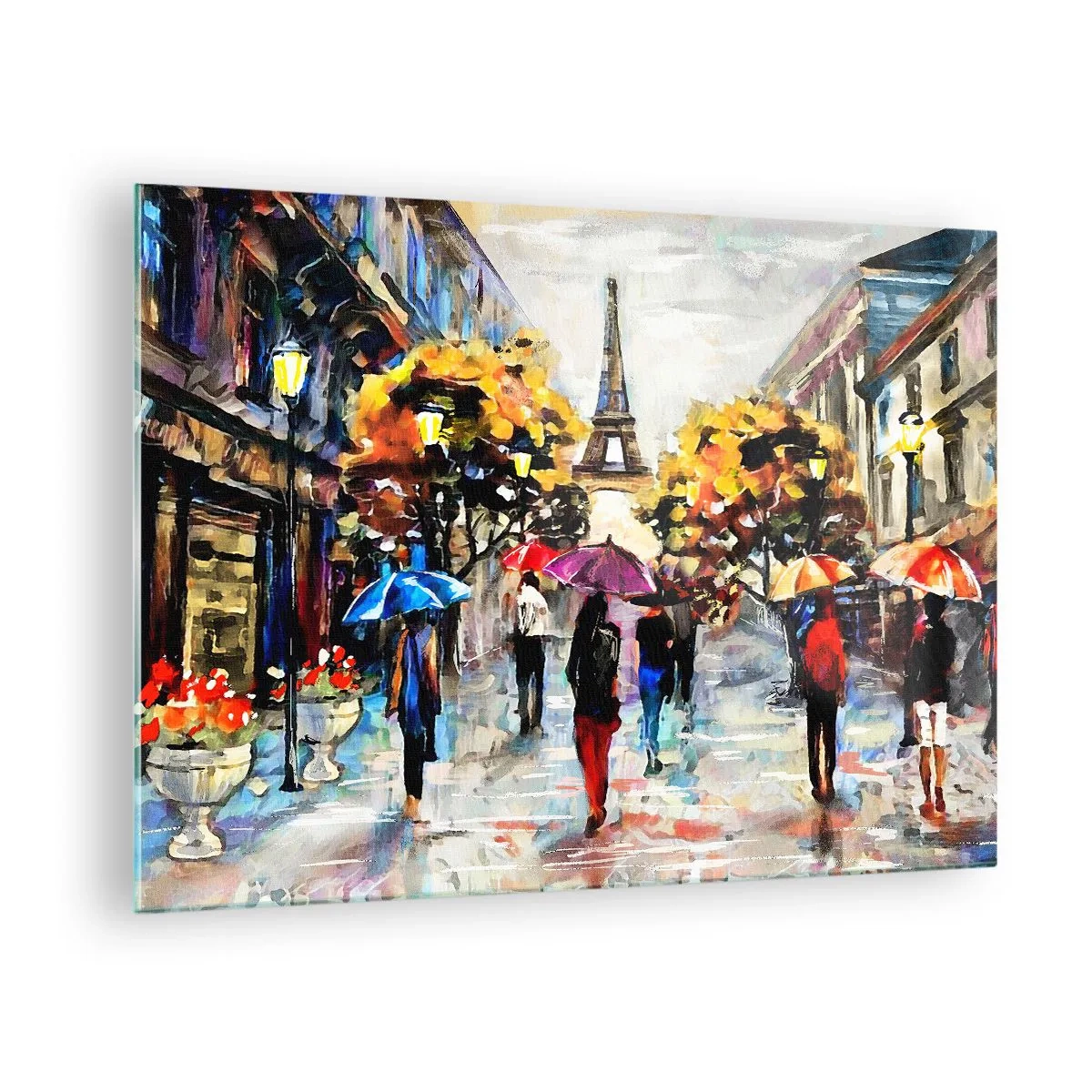 Üveg kép - Az Eiffel-torony, a háttérben az emberek színes napernyők alatt sétálnak - 70x50cm - Ősszel különösen szép - Modern fali dekoráció nappalihoz és hálószobához ARTTOR