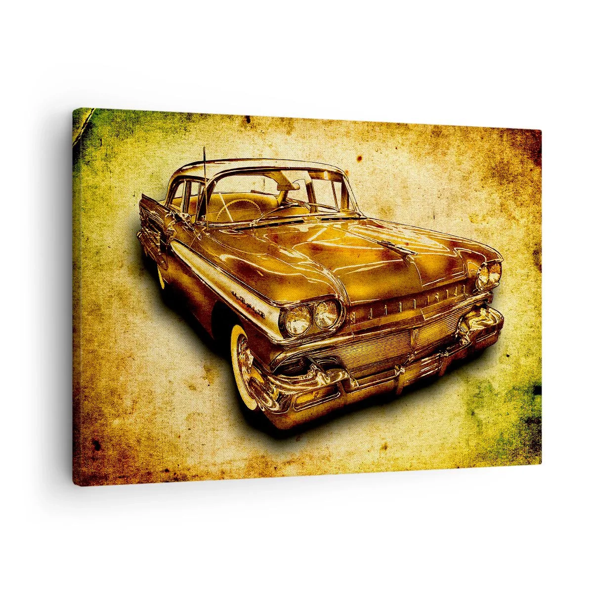Vászonkép - Egy arany klasszikus retró autó vintage háttérrel, antikolt hatással. - 70x50cm - A klasszikusok örök szépsége - Modern fali dekoráció nappalihoz és hálószobához ARTTOR