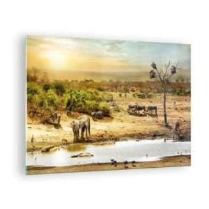 Üveg kép - Elefántok és állatok egy itatóhelyen, afrikai táj hátterében - 70x50cm - „Z Edenu zaś wypływała rzeka…" - Modern fali dekoráció nappalihoz és hálószobához ARTTOR