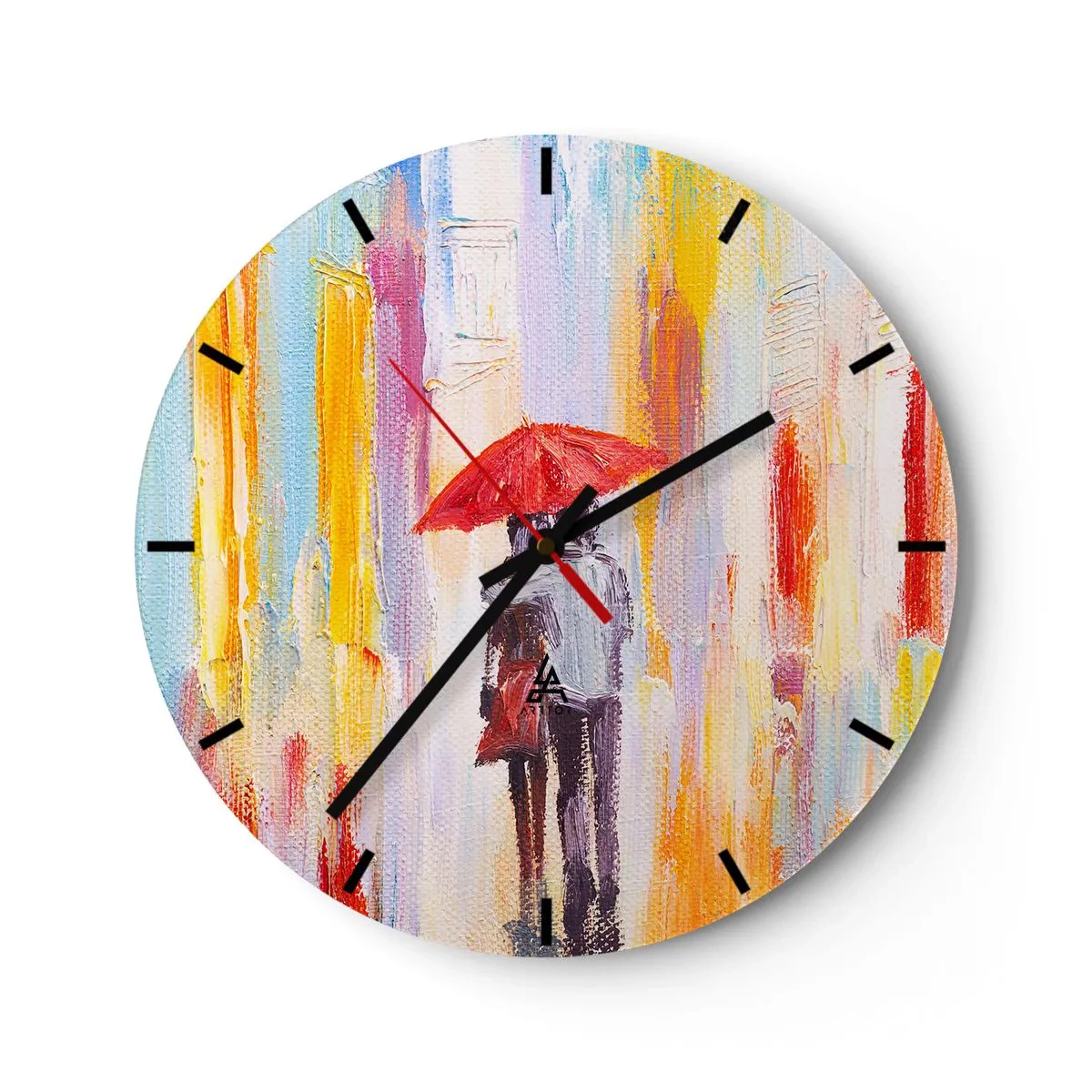 Falióra, Óra - Egy alak egy piros esernyővel egy színes város hátterében - 30x30cm - Hadd essen az eső - Modern fali dekoráció nappalihoz, konyhához és hálószobához ARTTOR