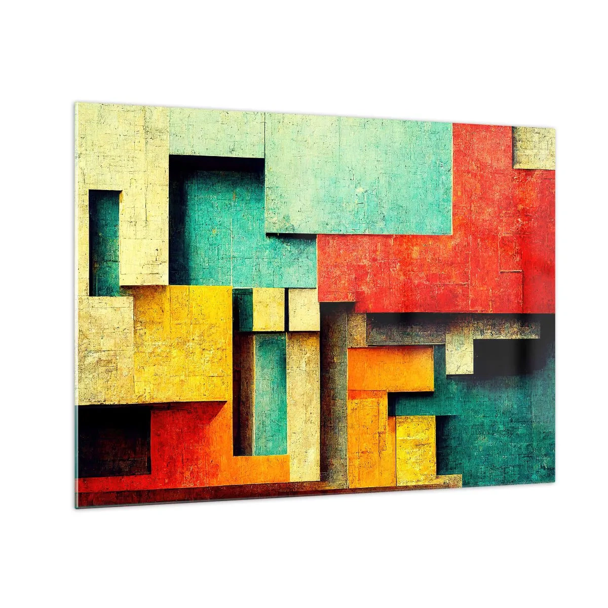 Üveg kép - Színes geometriai absztrakció téglalapokból - 70x50cm - A derékszögek fesztiválja - Modern fali dekoráció nappalihoz és hálószobához ARTTOR