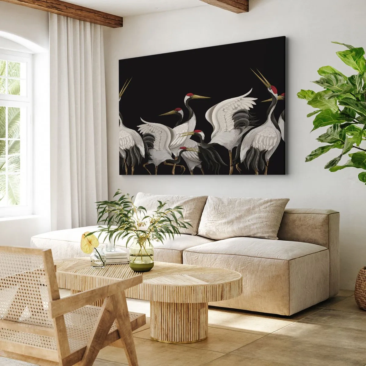 Vászonkép - Fehér daruk piros díszítéssel fekete alapon - 70x50cm - Madádolgok - Modern fali dekoráció nappalihoz és hálószobához ARTTOR