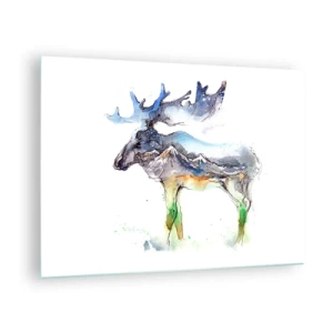 Üveg kép - Jávorszarvast ábrázoló akvarellfestés hegyi sziluett motívummal - 70x50cm - Egy téli mese hőse - Modern fali dekoráció nappalihoz és hálószobához ARTTOR