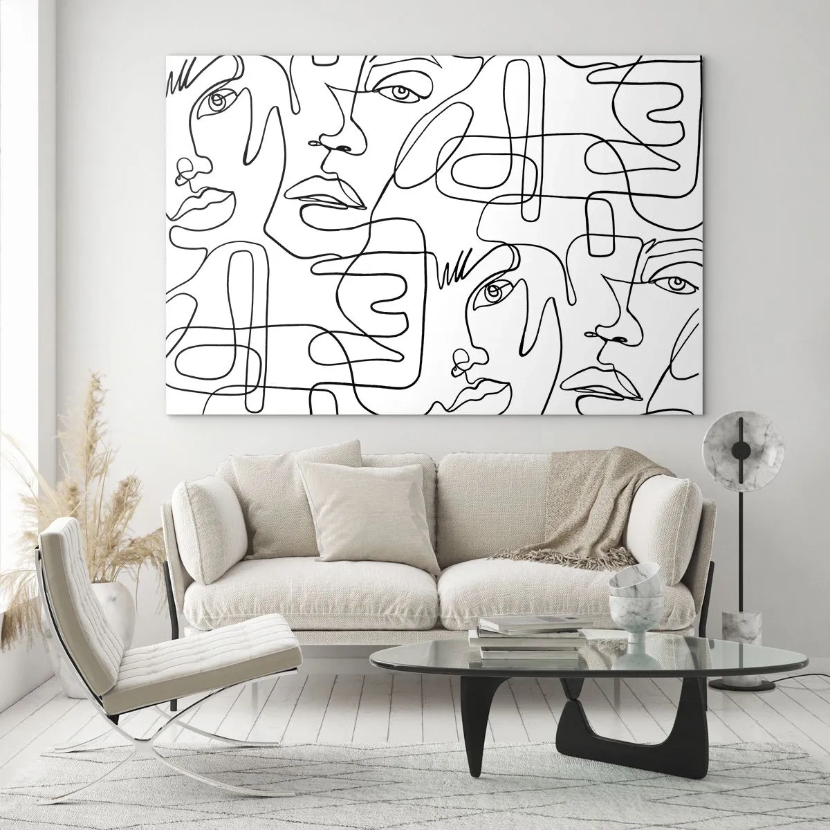 Üveg kép - Fekete-fehér vonalas arcgrafikák - 70x50cm - Összegabalyodott érzelmekben - Modern fali dekoráció nappalihoz és hálószobához ARTTOR