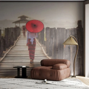Fotótapéta Premium Sand - A régi hídon - Esernyő, Burma, Fa híd - 250x175 cm