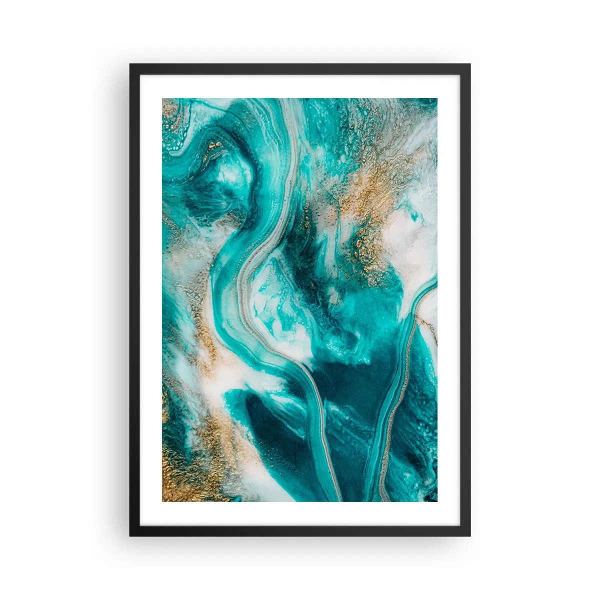 Poszter fehér keretben - Egy absztrakt kompozíció türkiz és arany árnyalatokban. - 50x70cm - Az arany folyó - Modern fali dekoráció nappalihoz és hálószobához ARTTOR