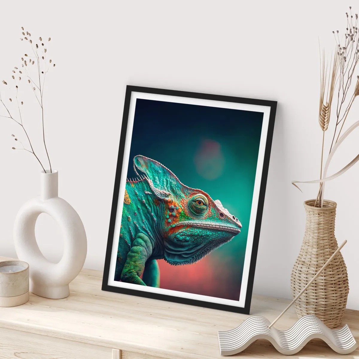 Poszter fehér keretben - Egy színes kaméleon feltűnő háttér előtt - 50x70cm - Látsz engem? Nem jó... - Modern fali dekoráció nappalihoz és hálószobához ARTTOR