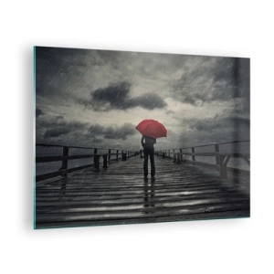 Üveg kép - Egy férfi piros esernyővel egy fa mólón az esőben. - 70x50cm - Nem számít, hogy esik - Modern fali dekoráció nappalihoz és hálószobához ARTTOR