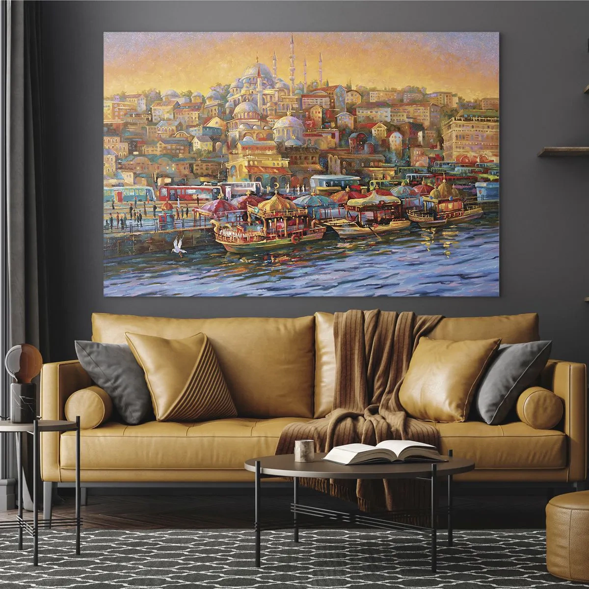 Üveg kép - Színes kikötő hajókkal és városi panorámával naplementekor - 70x50cm - Isztambuli mese - Modern fali dekoráció nappalihoz és hálószobához ARTTOR