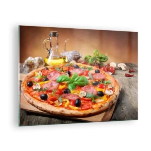 Üveg kép - Pizza feltétekkel egy fából készült asztalon olívaolajjal és fűszerekkel - 70x50cm - Igazi olasz ízzel - Modern fali dekoráció nappalihoz és hálószobához ARTTOR