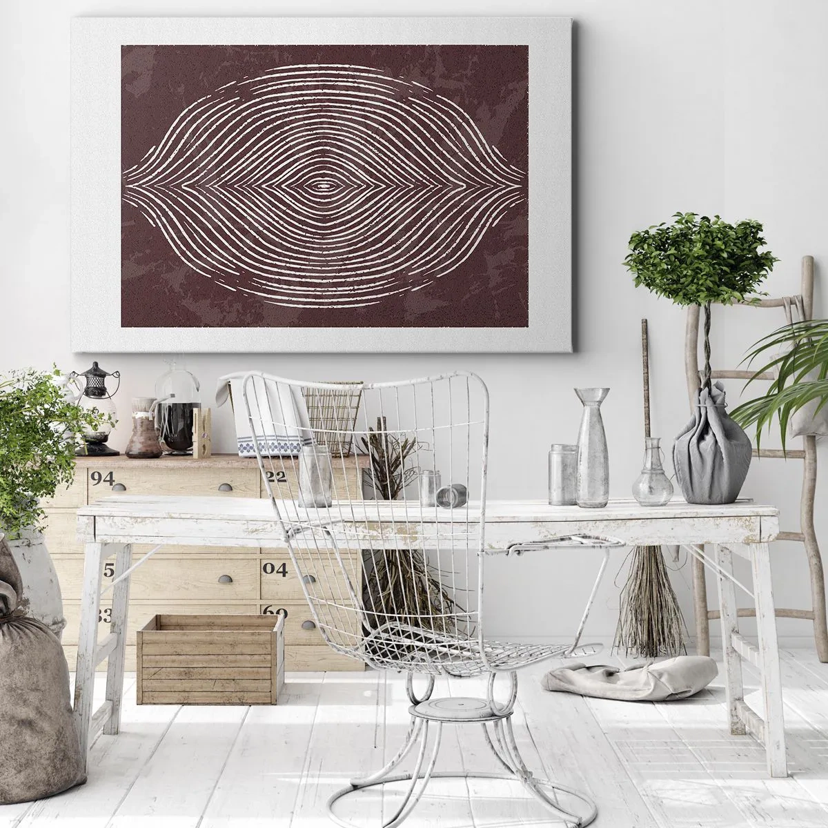 Vászonkép - Szimmetrikus hullámok fehér vonalakban barna háttéren - 70x50cm - A tér beszél - Modern fali dekoráció nappalihoz és hálószobához ARTTOR