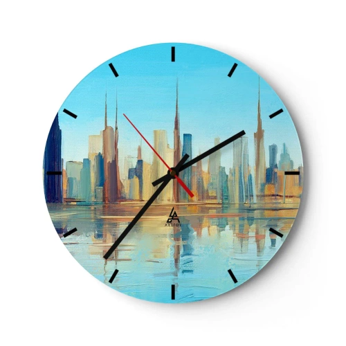 Falióra, Óra - város panorámája élénk tónusokban tükröződik a vízben - 30x30cm - Napfényes metropolisz - Modern fali dekoráció nappalihoz, konyhához és hálószobához ARTTOR