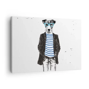 Vászonkép - Szemüveges, matróz inges kutya portréja humoros stílusban - 70x50cm - Egy bozontos eb - Modern fali dekoráció nappalihoz és hálószobához ARTTOR