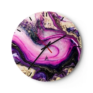 Falióra, Óra - Egy absztrakt minta lila és arany árnyalatokban, örvénylő motívummal. - 30x30cm - Egy pillanat a kulisszák mögött - Modern fali dekoráció nappalihoz, konyhához és hálószobához ARTTOR