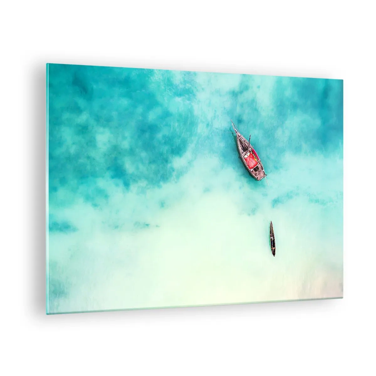 Üveg kép - Hajók azúrkék vízen, békés környezetben - 70x50cm - A Zanzibár strandjain, amikor sok a víz... - Modern fali dekoráció nappalihoz és hálószobához ARTTOR