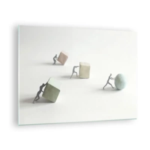 Üveg kép - Miniatűr figurák gurítják és tolják a geometriai alakzatokat. - 70x50cm - Maga az élet - Modern fali dekoráció nappalihoz és hálószobához ARTTOR