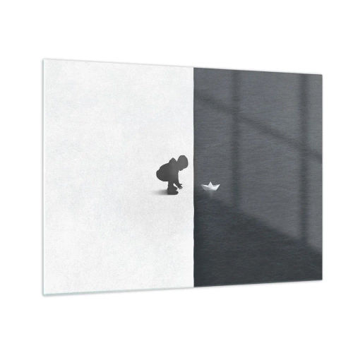 Üveg kép - Egy gyermek sziluettje papírhajót indít a vízbe - 70x50cm - Nagy utazás - Modern fali dekoráció nappalihoz és hálószobához ARTTOR