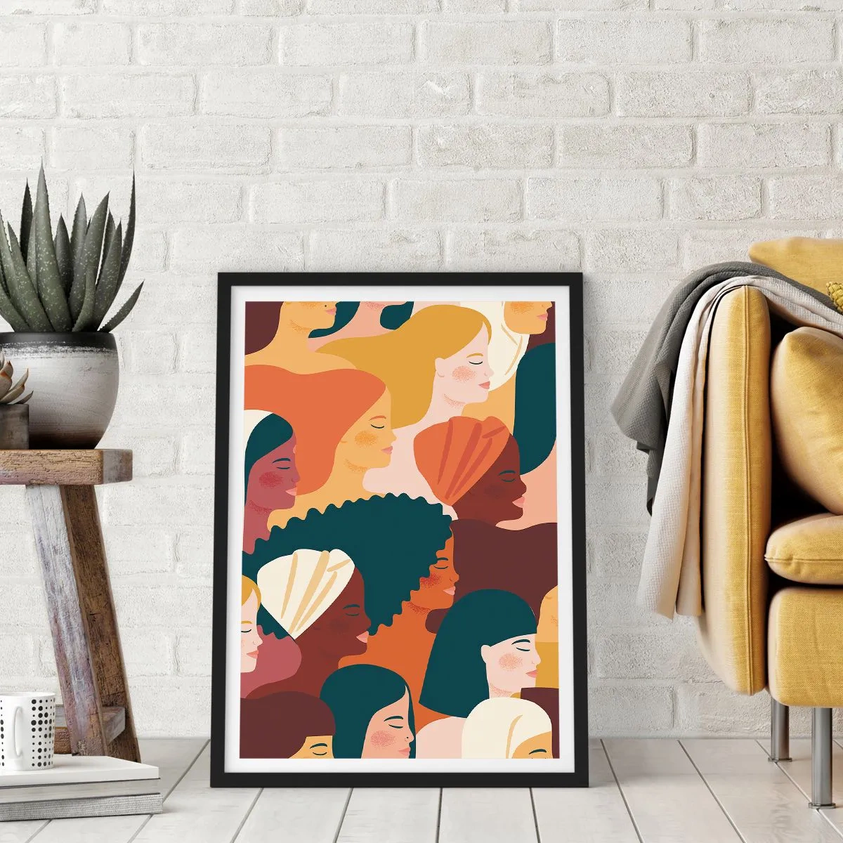 Poszter fehér keretben - Színes grafikák, amelyek női profilokat mutatnak - 50x70cm - Csak a nőiesség - Modern fali dekoráció nappalihoz és hálószobához ARTTOR