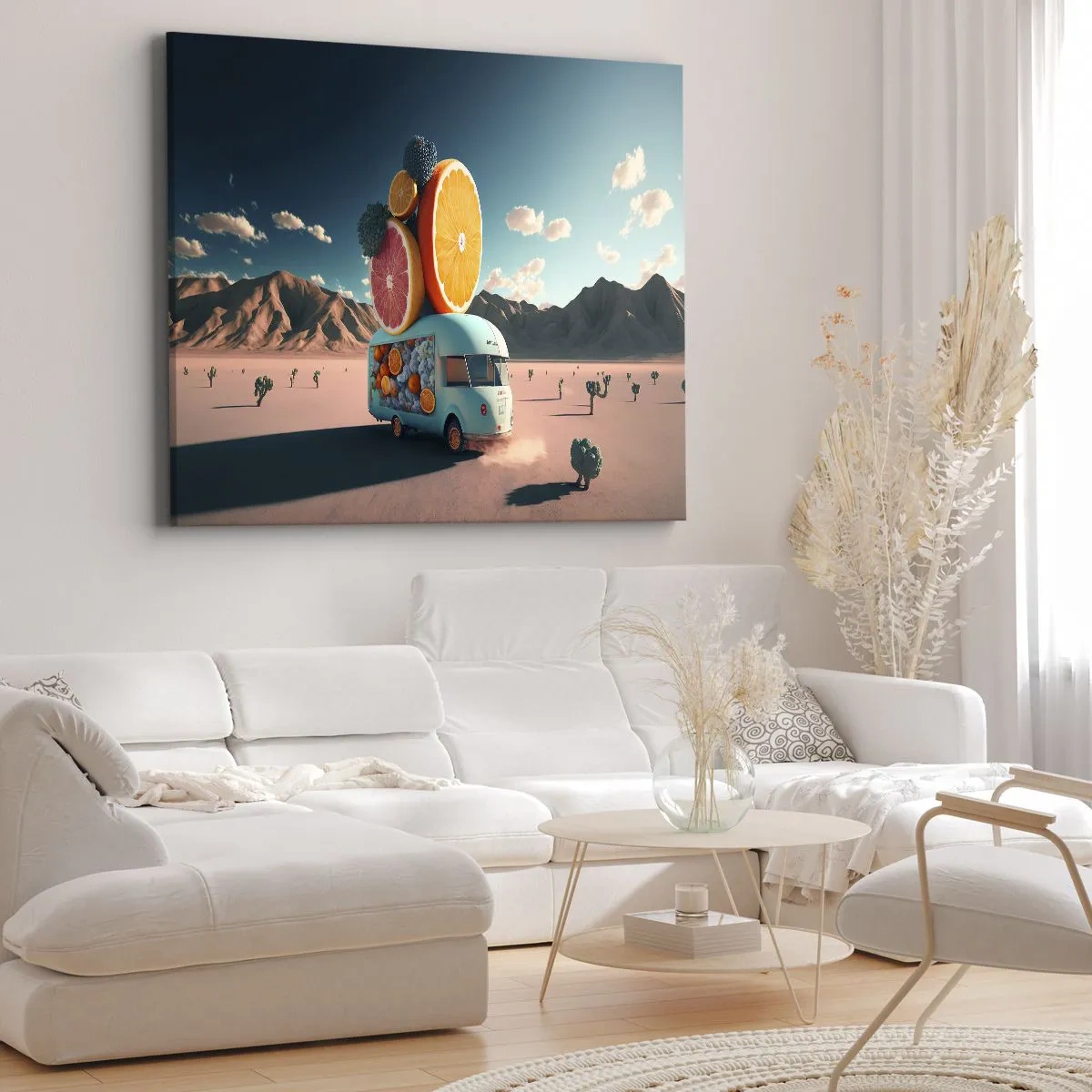 Vászonkép - Gyümölcsszállító teherautó sivatagi tájban - 70x50cm - A nyaralás íze - Modern fali dekoráció nappalihoz és hálószobához ARTTOR