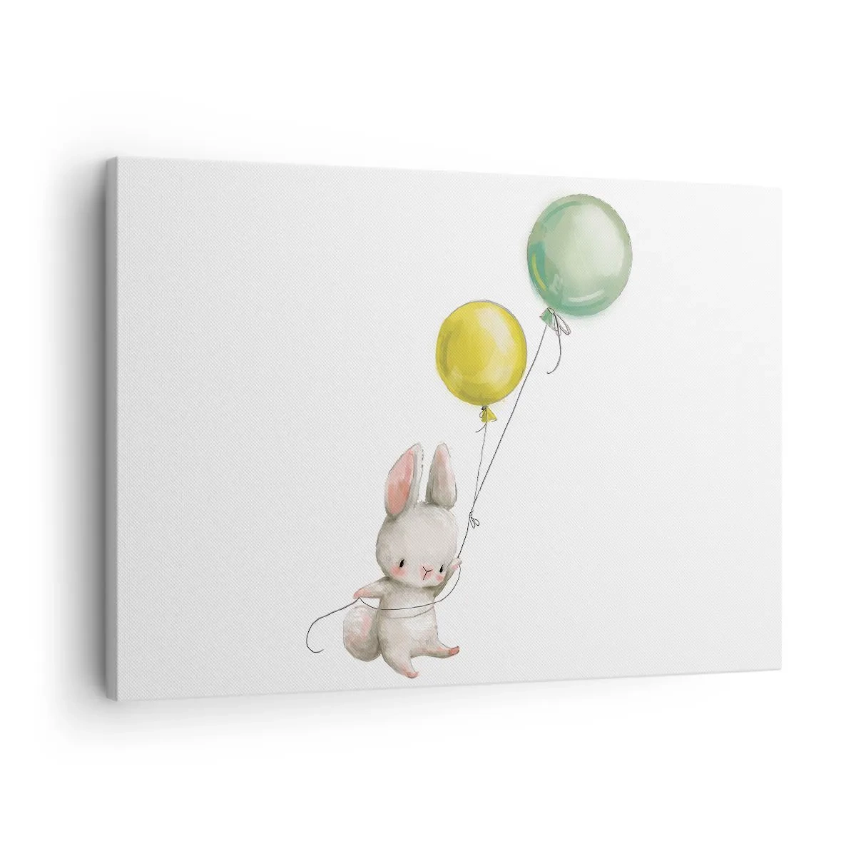 Vászonkép - Egy nyúl pasztellszínű lufikat tart - 70x50cm - Én is repülök! - Modern fali dekoráció nappalihoz és hálószobához ARTTOR