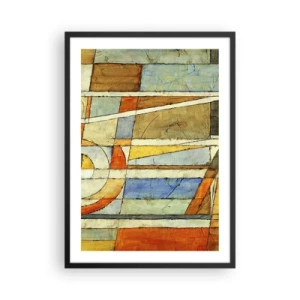 Poszter fehér keretben - Geometriai minták narancssárga és kék árnyalatokban - 50x70cm - Kubizmus az építkezésen - Modern fali dekoráció nappalihoz és hálószobához ARTTOR
