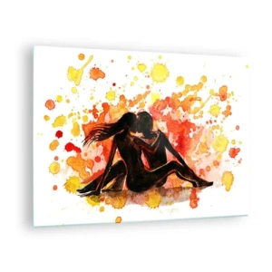 Üveg kép - Egy pár sziluettje színes akvarell foltok hátterében - 70x50cm - És világosság lett - Modern fali dekoráció nappalihoz és hálószobához ARTTOR