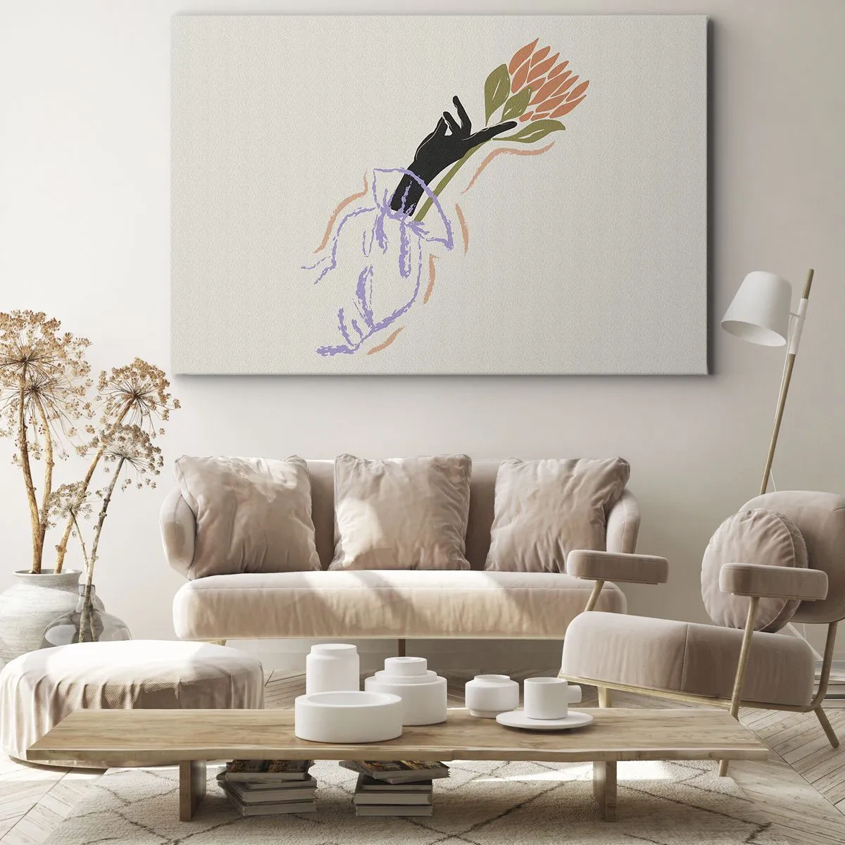 Vászonkép - Minimalista virágcsokor finom stílusban - 70x50cm - Egy testvéri érintés - Modern fali dekoráció nappalihoz és hálószobához ARTTOR