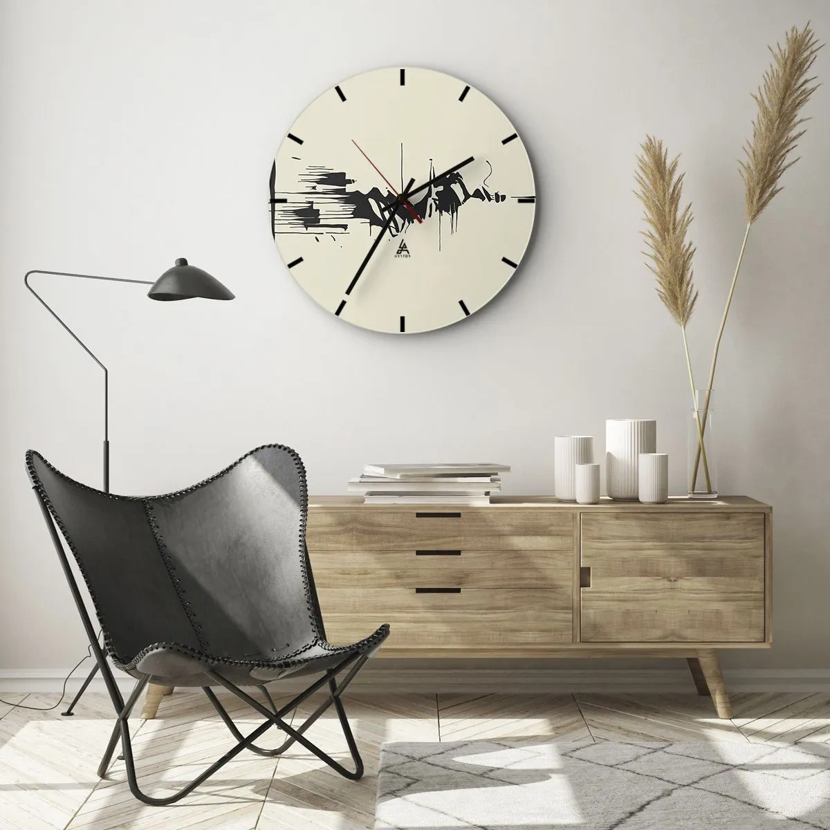 Falióra, Óra - Fekete-fehér absztrakció dinamikus vonalakkal és formákkal - 30x30cm - Sietős absztrakció - Modern fali dekoráció nappalihoz, konyhához és hálószobához ARTTOR