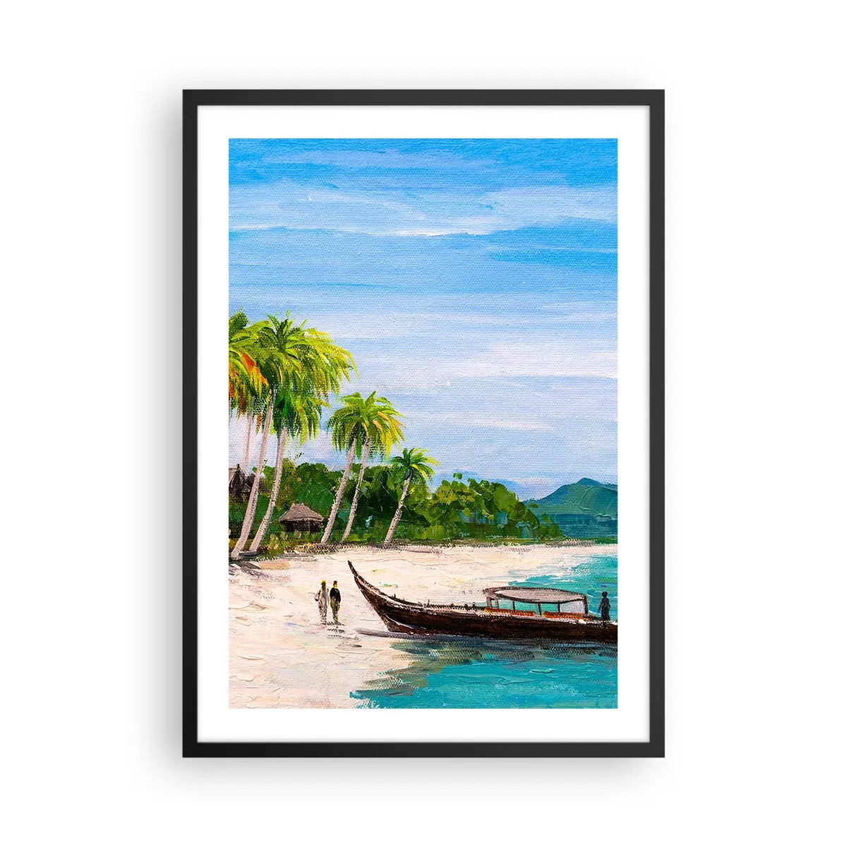 Poszter fehér keretben - Trópusi strand pálmafákkal és egy hajóval a parton - 50x70cm - Egy egzotikus álom - Modern fali dekoráció nappalihoz és hálószobához ARTTOR