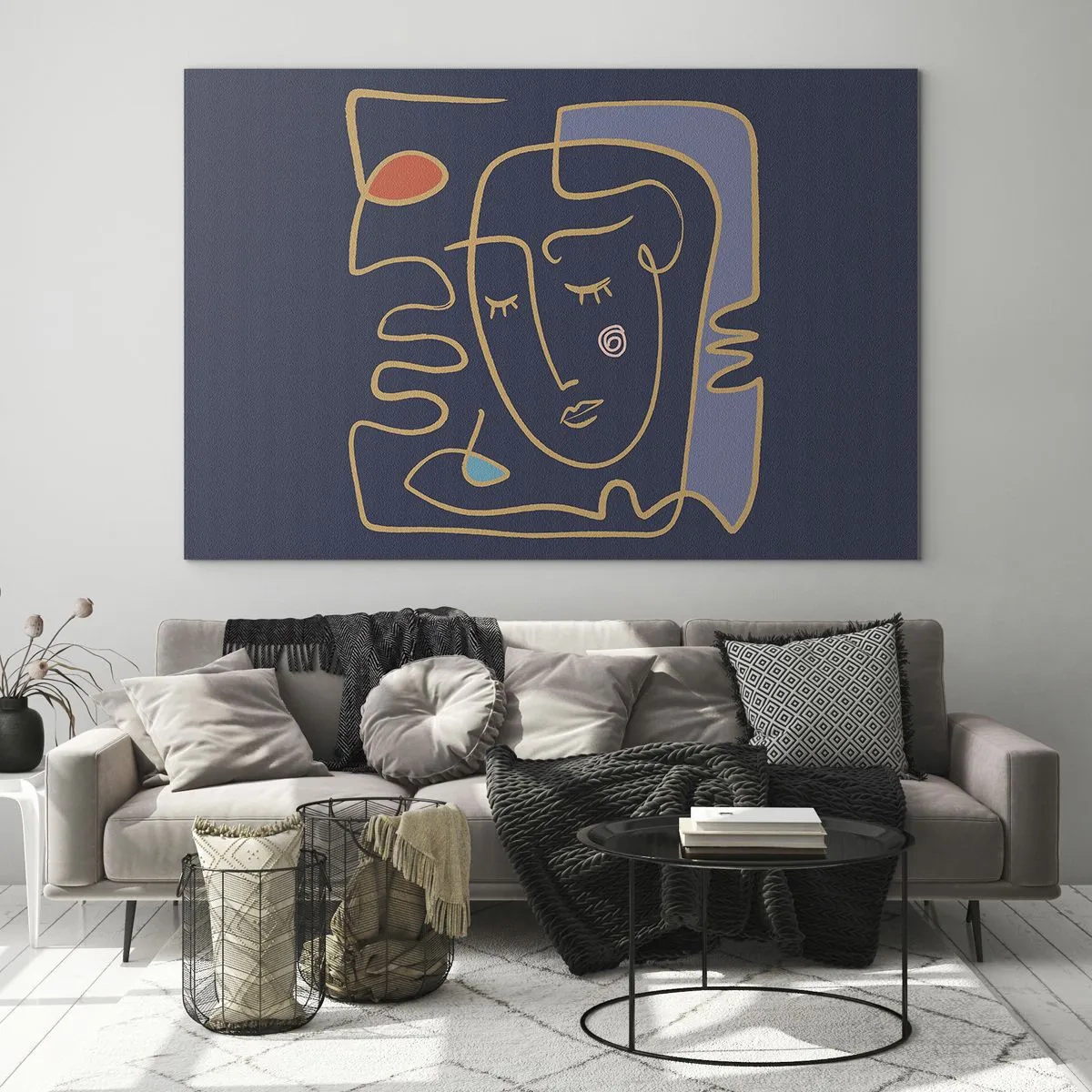 Üveg kép - Absztrakt arc körvonalazottan sötétkék háttéren - 70x50cm - Álmodozásban - Modern fali dekoráció nappalihoz és hálószobához ARTTOR