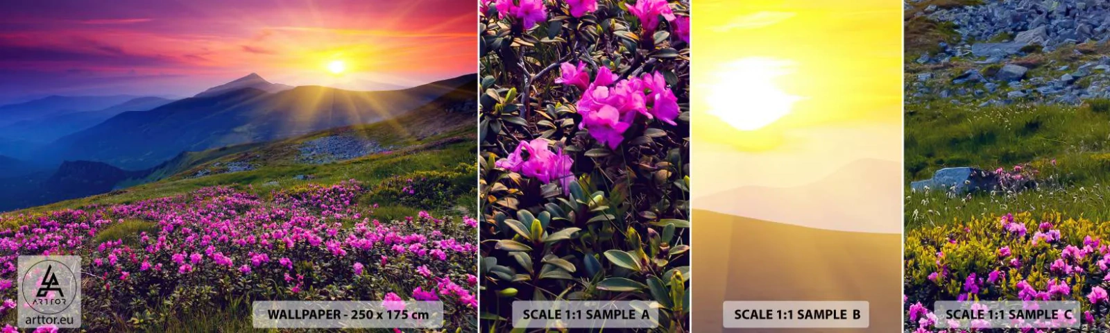 Fotótapéta Minta Öntapadós Deluxe Sticker - … És körülötte hegyi fenyő és gyógynövények illata - Tájkép, Hegyek, Napnyugta - 100x30 cm