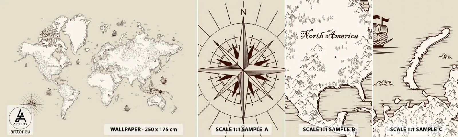 Fotótapéta Minta Öntapadós Deluxe Sticker - Világkörüli utazás - Világtérkép, Kontinensek, Kalózhajó - 100x30 cm