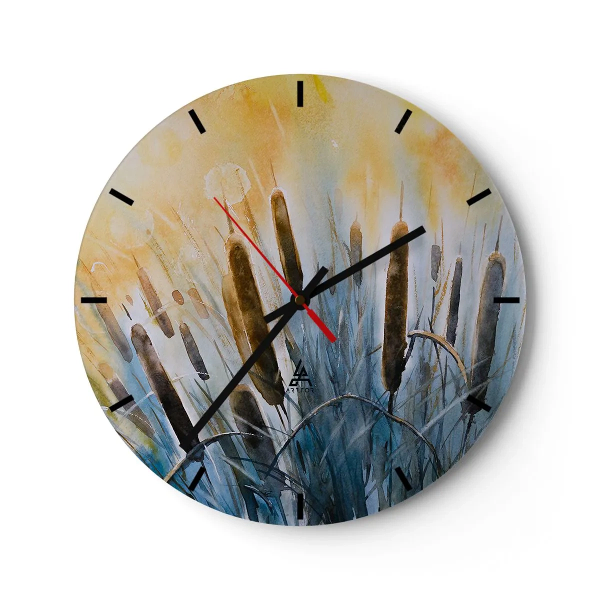 Falióra, Óra - Festői nádszálak a naplemente meleg színeiben - 30x30cm - A víz hűvössége, a nap melege - Modern fali dekoráció nappalihoz, konyhához és hálószobához ARTTOR