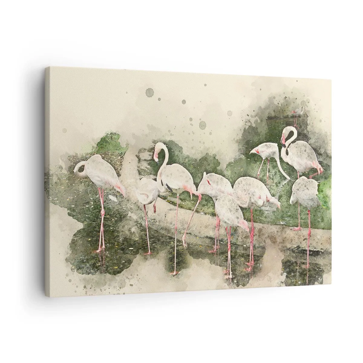 Vászonkép - Flamingók természetes környezetükben akvarell stílusban - 70x50cm - Egzotikus álom - Modern fali dekoráció nappalihoz és hálószobához ARTTOR