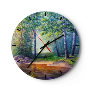 Falióra, Óra - Egy festői nyírerdő, napsugarakkal megvilágított folyóval - 30x30cm - Idilli táj - Modern fali dekoráció nappalihoz, konyhához és hálószobához ARTTOR