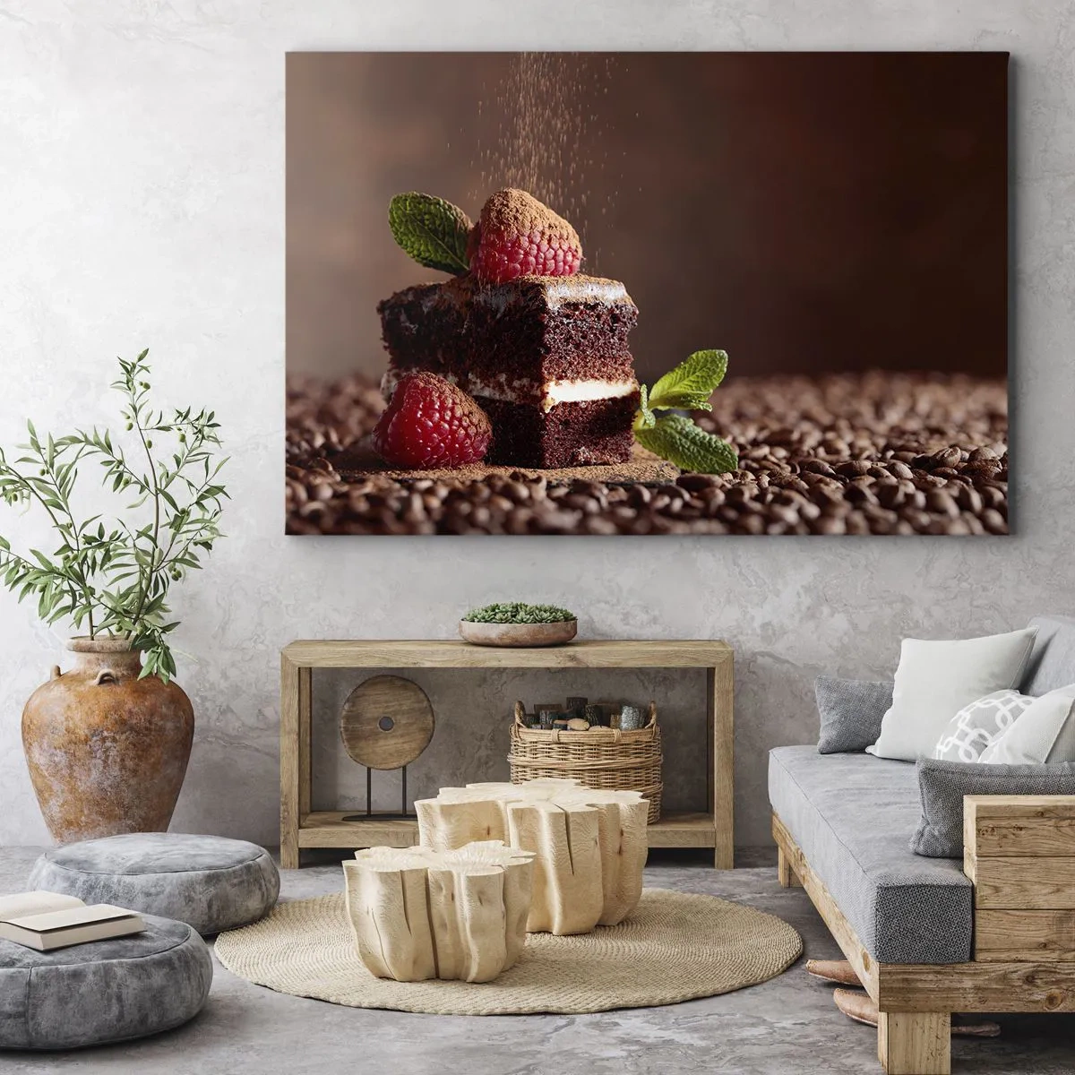 Vászonkép - Csokoládé torta málnával és mentával, kakaóbab háttéren - 70x50cm - Az élet édes - Modern fali dekoráció nappalihoz és hálószobához ARTTOR