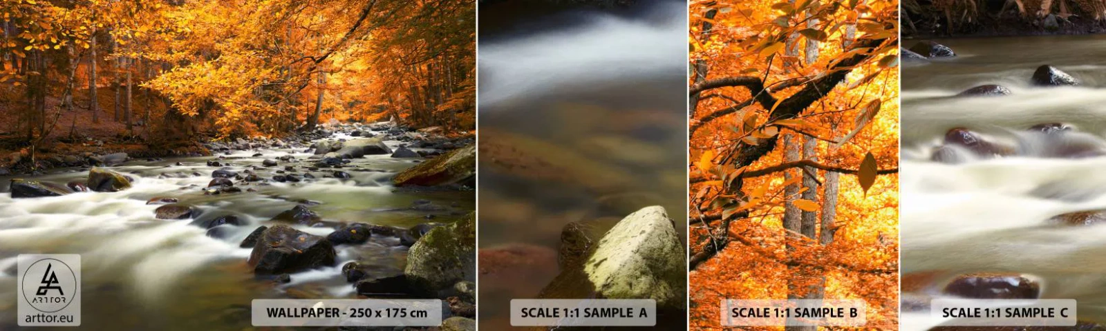 Fotótapéta Minta Standard Eco - Egy patak az aranyerdőben - Tájkép, Erdő, Hegyi patak - 100x30 cm