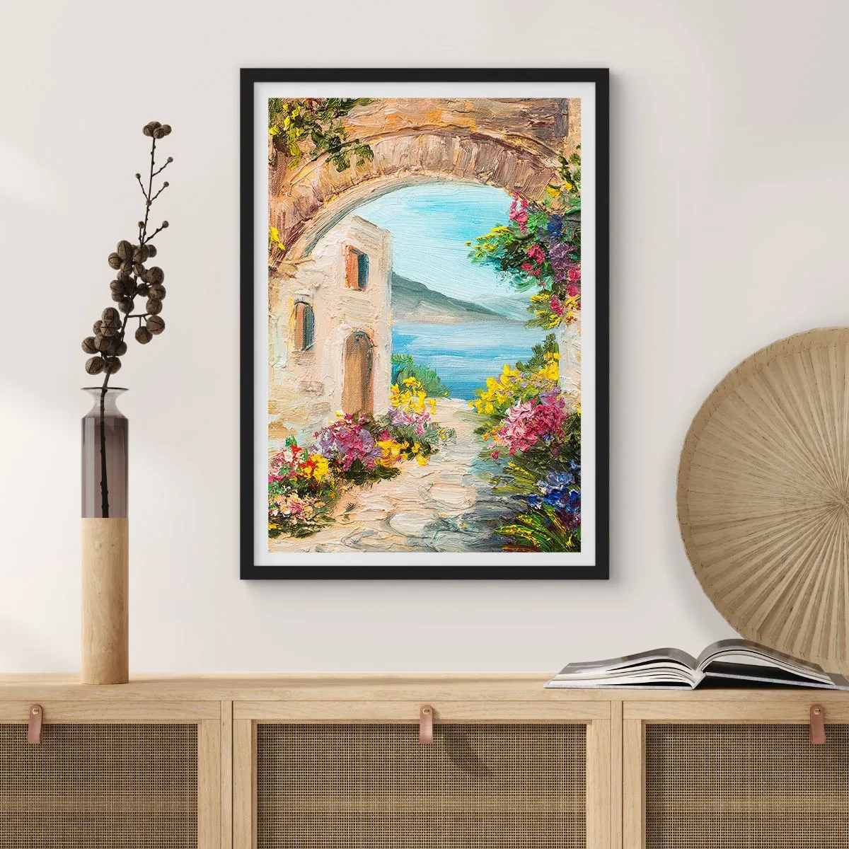 Poszter fehér keretben - Kőív, kilátással a tengerre - 50x70cm - Egy tengerparti vidék varázsa - Modern fali dekoráció nappalihoz és hálószobához ARTTOR
