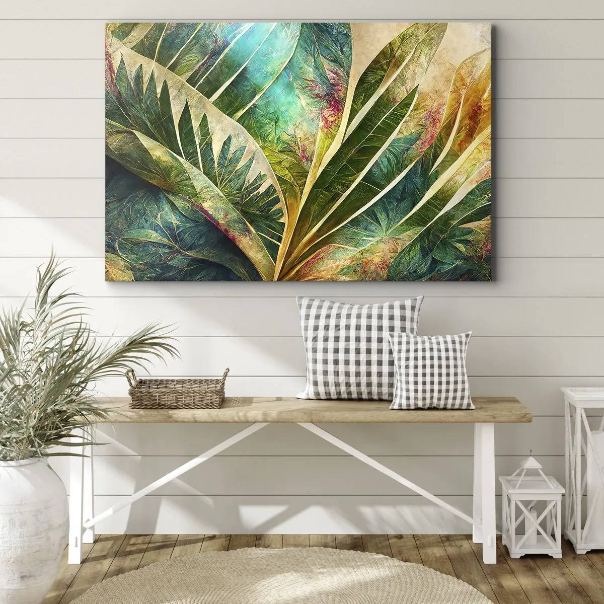 Vászonkép - Színes trópusi levelek világos háttér előtt - 70x50cm - A trópusok színei - Modern fali dekoráció nappalihoz és hálószobához ARTTOR