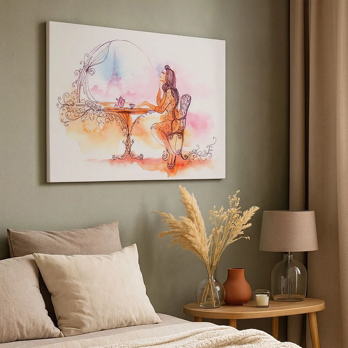 Vászonkép - Romantikus akvarell egy nőről egy toronyra néző kávézóban - 70x50cm - Párizsi sikk - Modern fali dekoráció nappalihoz és hálószobához ARTTOR