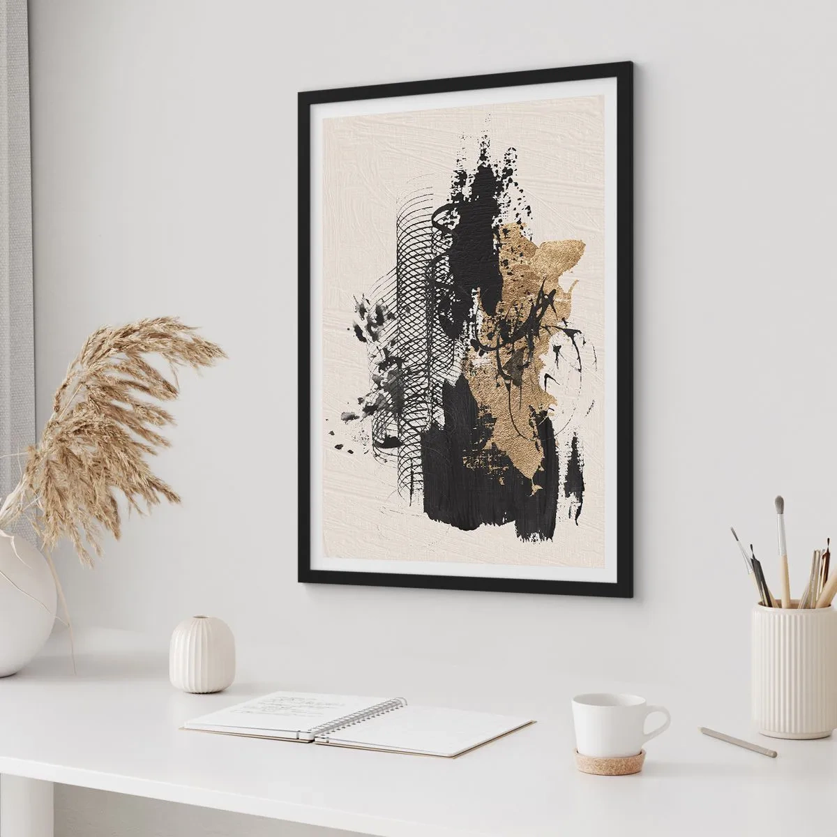 Poszter fehér keretben - Absztrakt kompozíció fekete és arany árnyalatokban - 50x70cm - Szenvedélyes kompozíció - Modern fali dekoráció nappalihoz és hálószobához ARTTOR