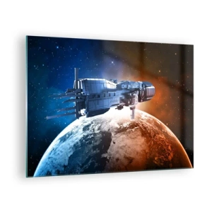 Üveg kép - Egy űrhajó kering egy bolygó körül csillagfényben - 70x50cm - Óvatos megfigyelő - Modern fali dekoráció nappalihoz és hálószobához ARTTOR