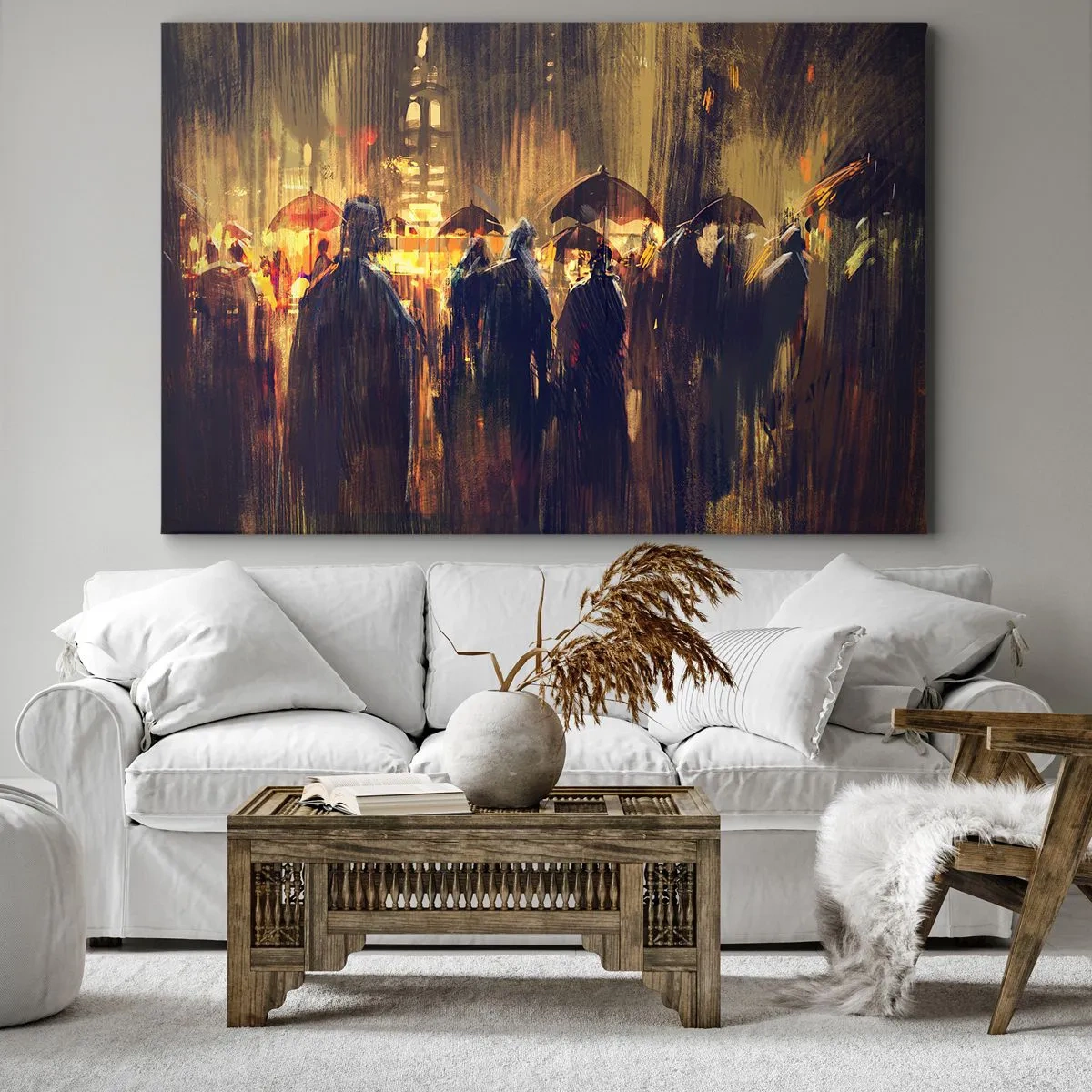Vászonkép - Esernyős alakok egy esős városban éjszaka - 70x50cm - Az eső imádói - Modern fali dekoráció nappalihoz és hálószobához ARTTOR