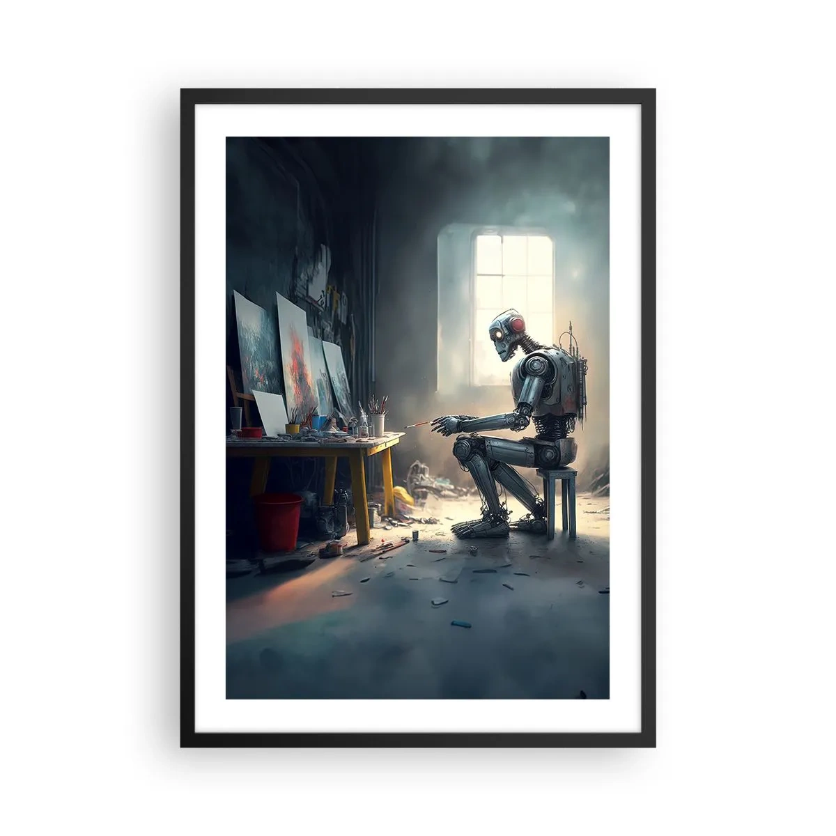 Poszter fehér keretben - Robotművész fest képeket a műtermében - 50x70cm - Az alkotás aktusa - Modern fali dekoráció nappalihoz és hálószobához ARTTOR