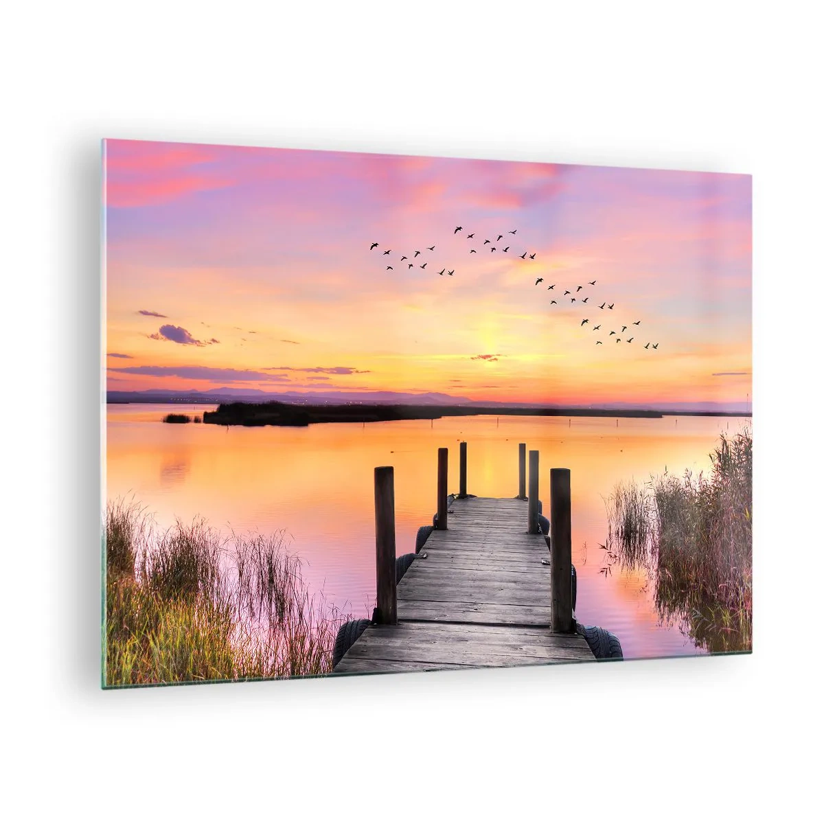 Üveg kép - Tóparti móló naplementekor madarakkal az égen - 70x50cm - Ibolyás néma hajnal - Modern fali dekoráció nappalihoz és hálószobához ARTTOR