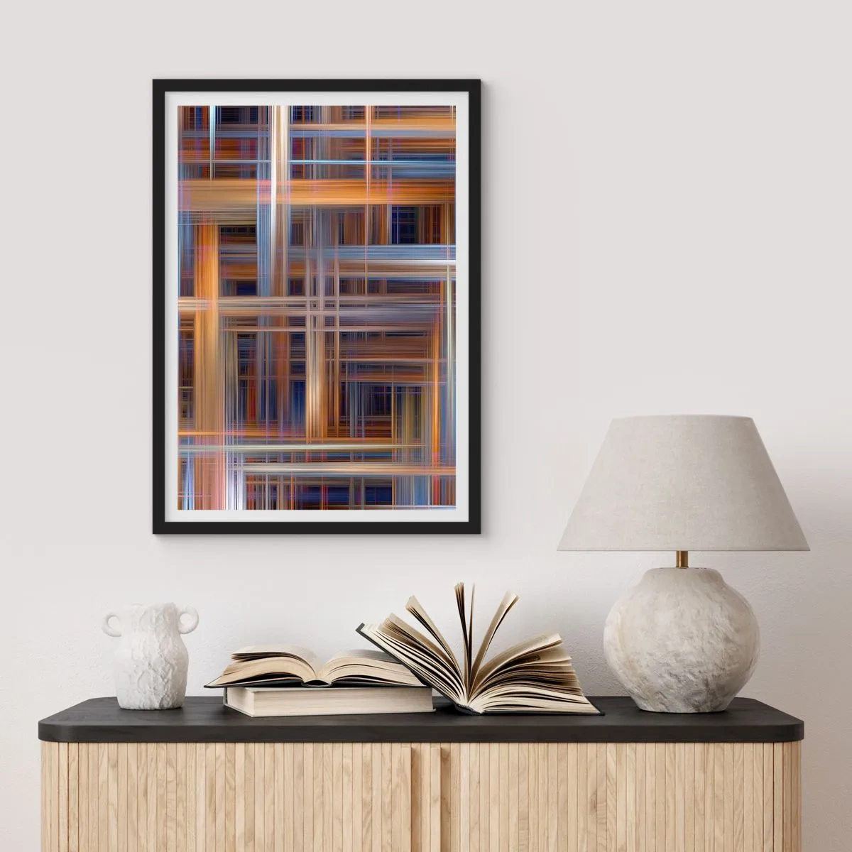 Poszter fehér keretben - Geometrikus vonalak meleg és hideg színekben - 50x70cm - Fényből szőtt - Modern fali dekoráció nappalihoz és hálószobához ARTTOR
