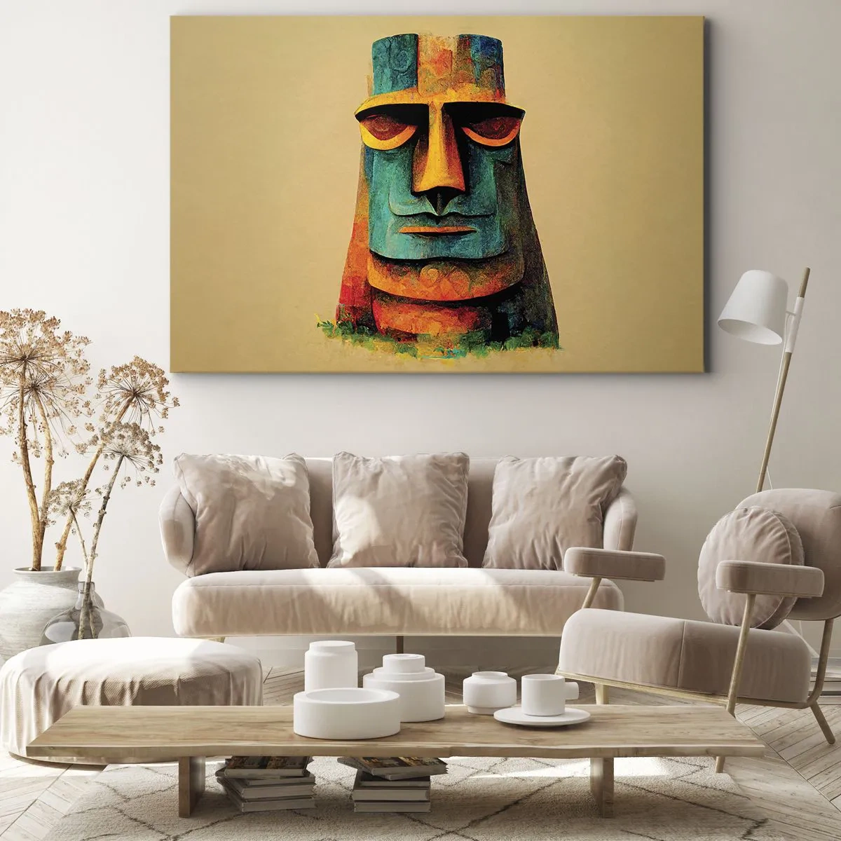 Vászonkép - Színes szobor a Húsvét-szigetről - 70x50cm - Szoborszerű és mégis szimpatikus - Modern fali dekoráció nappalihoz és hálószobához ARTTOR