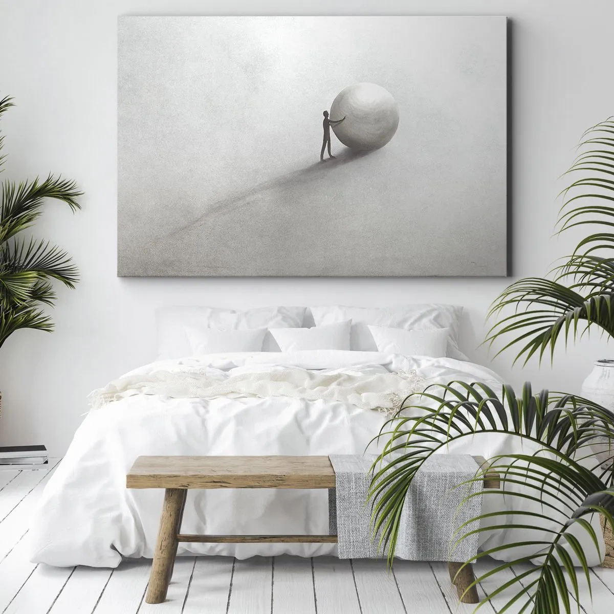 Vászonkép - Egy minimalista figura egy labdával világos, monokróm háttér előtt. - 70x50cm - Az élet játéka - Modern fali dekoráció nappalihoz és hálószobához ARTTOR