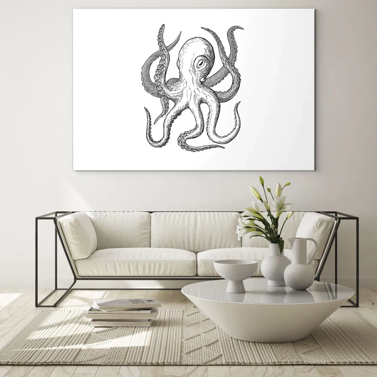 Üveg kép - Fekete-fehér rajz egy polipról fehér alapon - 70x50cm - Hullámokkal táncoló - Modern fali dekoráció nappalihoz és hálószobához ARTTOR