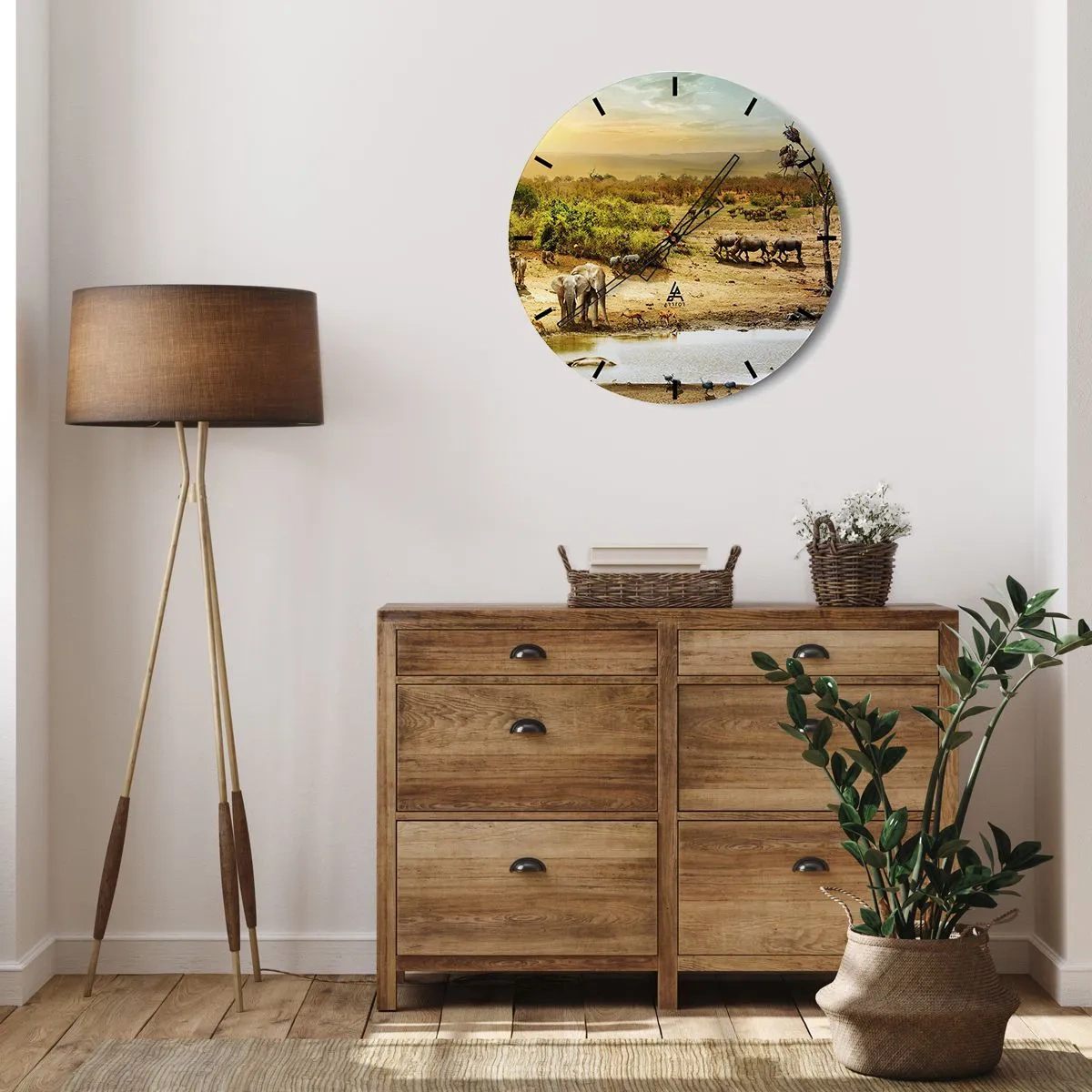 Falióra, Óra - Savannah vadon élő állatokkal egy itatóhelyen naplementekor - 30x30cm - „Z Edenu zaś wypływała rzeka…" - Modern fali dekoráció nappalihoz, konyhához és hálószobához ARTTOR